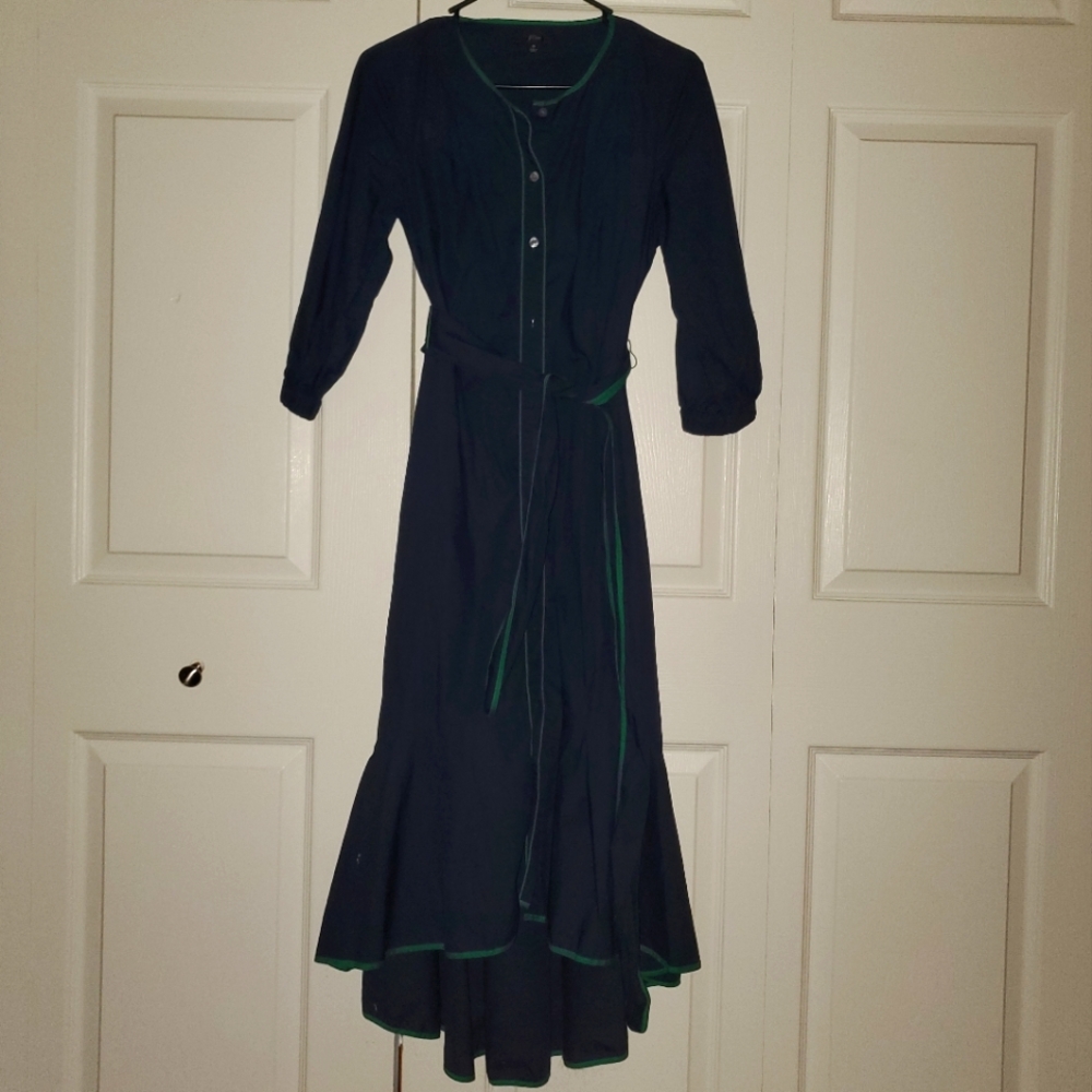 J Crew Dark Preppy Navy Maxi Dress with fish tail style and Classy Green Detail